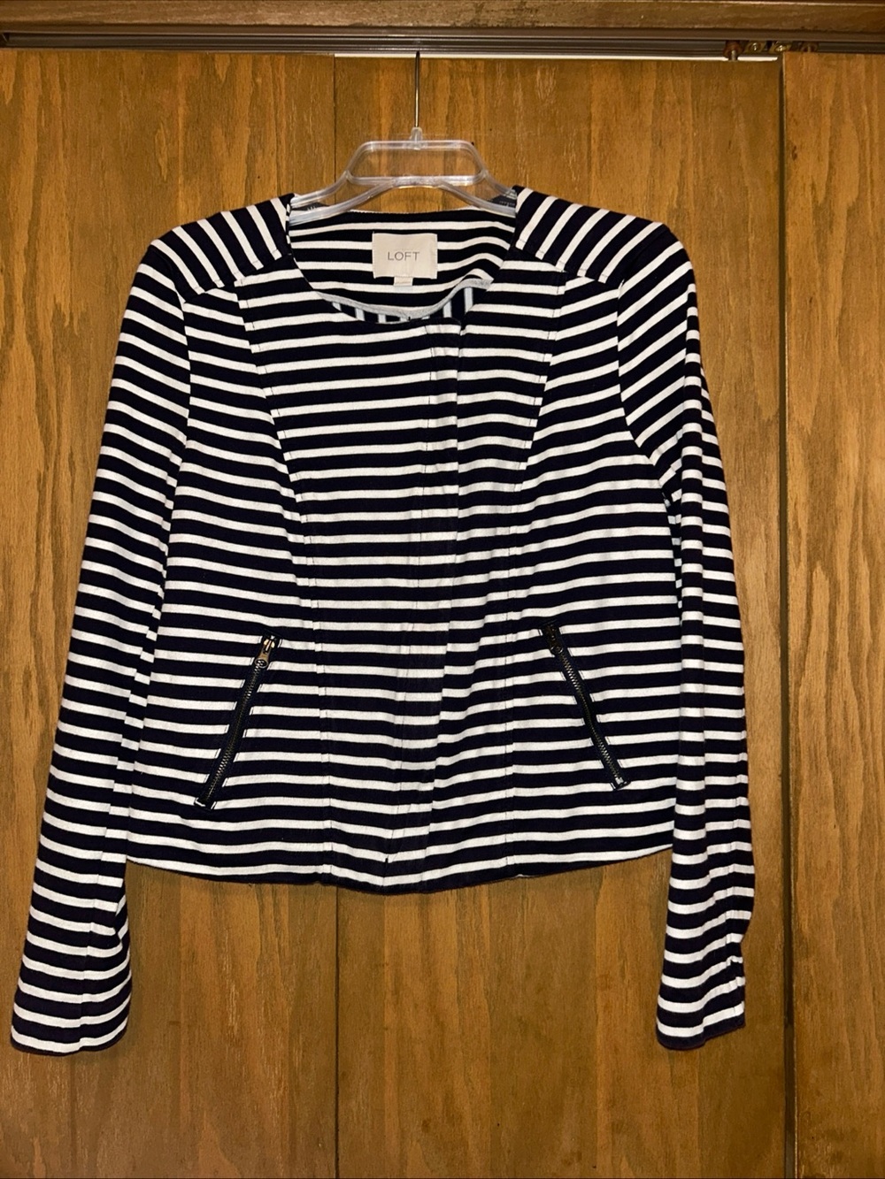 LOFT Navy and Cream Striped Zip Pocket Jacket with elastic waistband. Moto biker